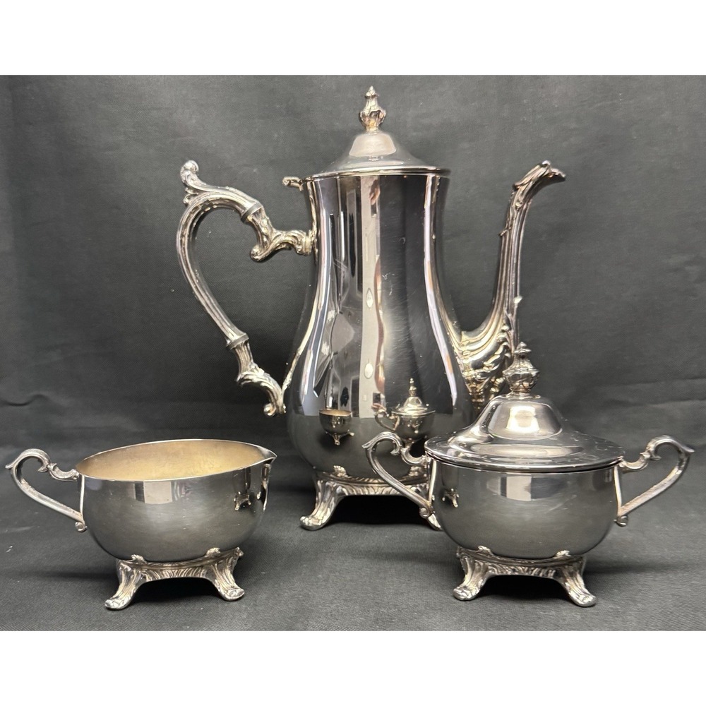 W.M.Rogers Silver Plated Coffee/Tea Pot Sugar Bowl With Lid & Creamer Set - Picture 2 of 13